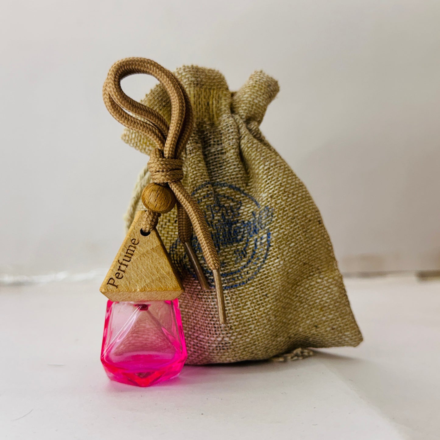 Car Air Freshener in Glass Bottle with Wooden Diffuser Lid - Pink Scent Your Soul - Hanging Car Perfume