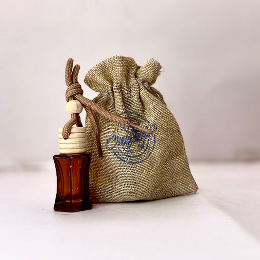 Curved Square Car Air Freshener in Glass Bottle with Jute Bag - Aroma Hanging Car Perfume with Wooden Diffuser Cap - 12 ml