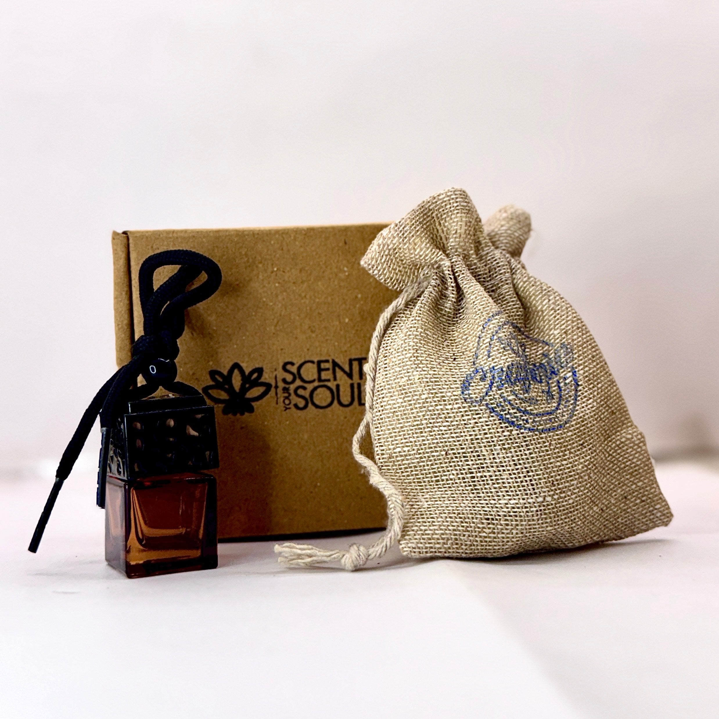 Hanging Car Perfume in Square Glass Bottle with Wooden Diffuser Lid - Comes with Jute Bag and Premium Box